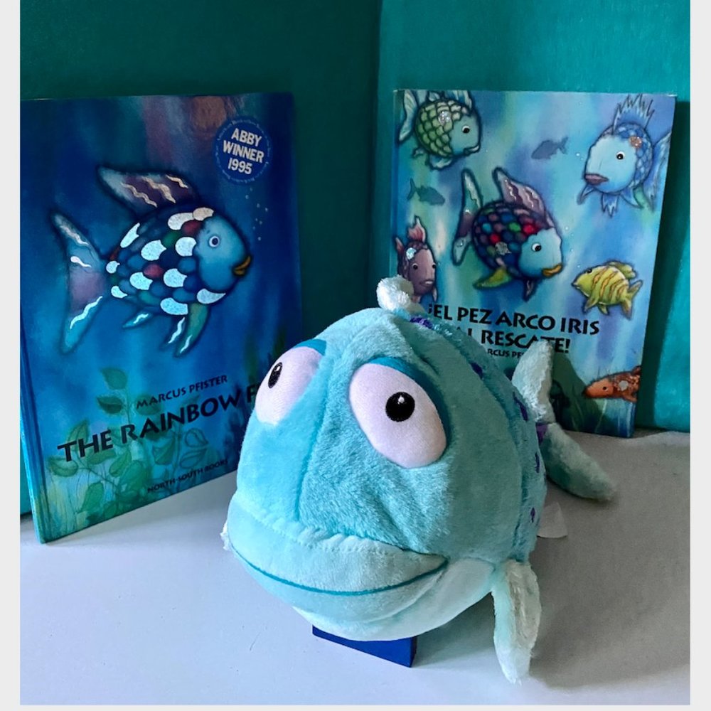 2 Rainbow Fish Books. One is English, One in Spanish. AND Plush Toy Rainbow Fish